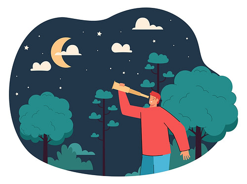 Male character looking at night sky through spyglass